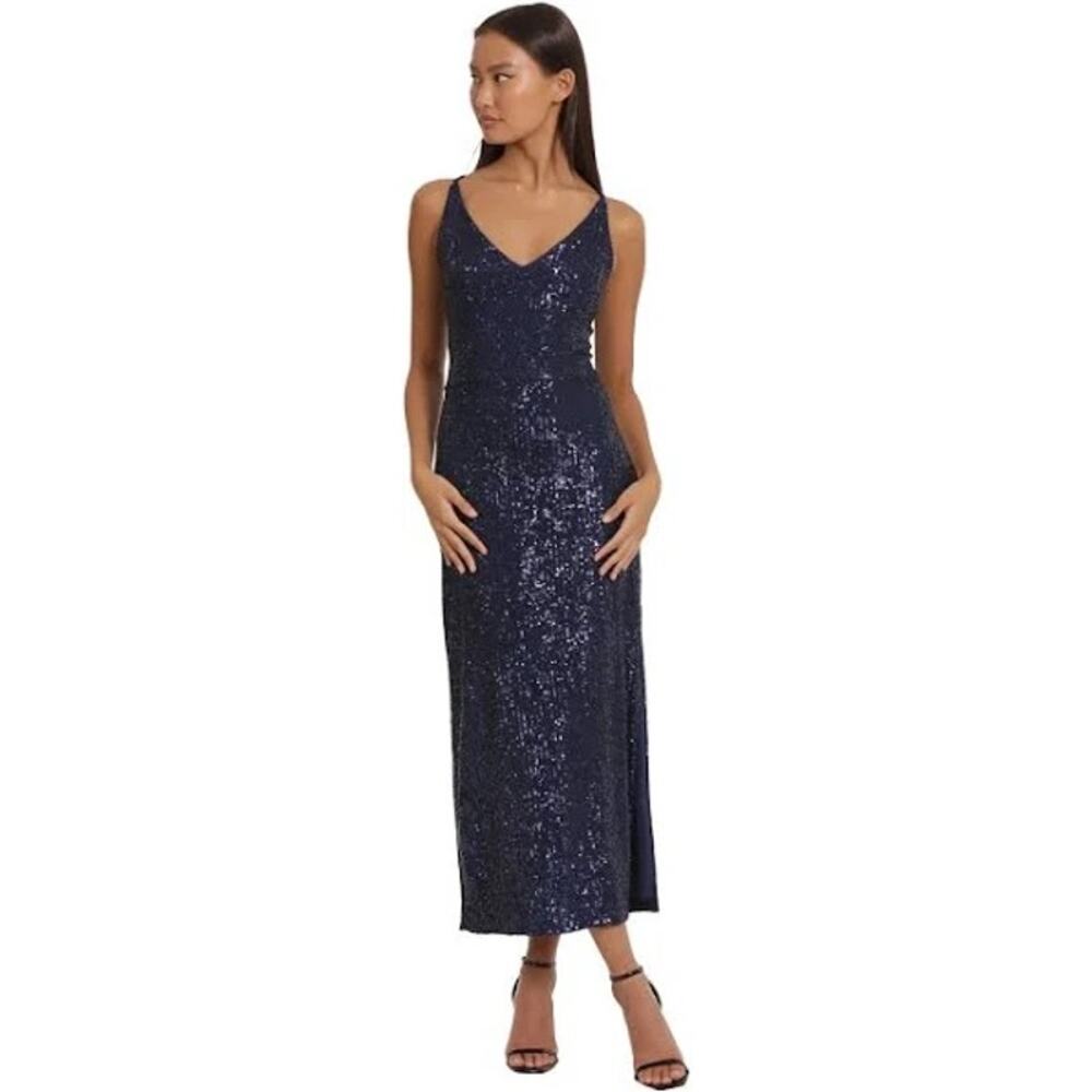Donna Morgan Navy Blue Sequin V-Neck Midi Dress Womens Size 2 Formal Slit